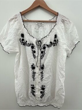 Jennifer & Grace White Embroidered Cotton Boho Blouse Top Coastal Resort Size L